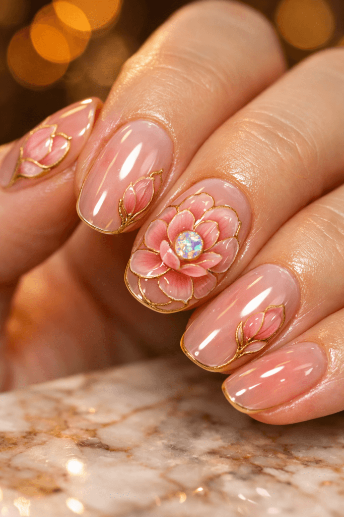 glass nails floral cloisonné peony on sheer tea-rose base with antique-gold outlines, opal center