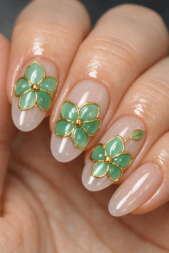 glass nails floral cloisonné with jade petals, antique-gold outline on oyster-sheer base, celadon leaves