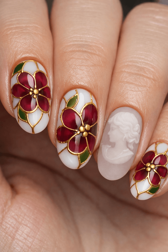 glass nails floral cloisonné camellia on milky base, warm-gold outline, merlot petals, frosted cameo ring nail