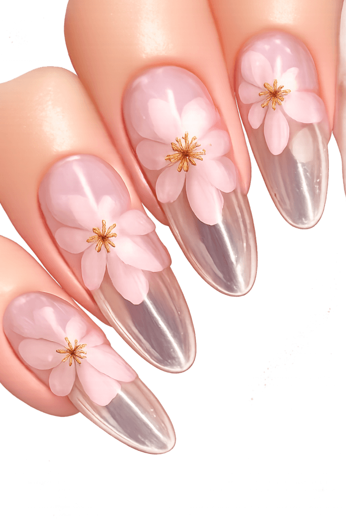 bare glass nails with champagne cloisonné outlines, ballet-pink translucent petals, micro gold bullion accents