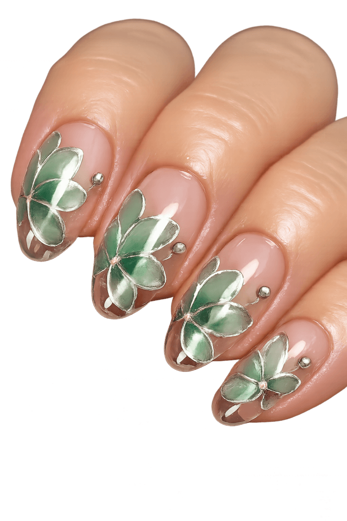 blush-nude glass nails with platinum cloisonné outlines and tiny sage buds offset near sidewalls