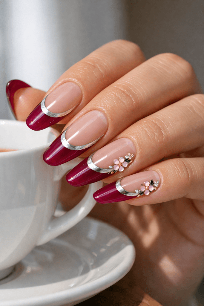 clear glass French manicure with platinum smile line, berry-jelly tips, micro cloisonné blossoms at smile corners