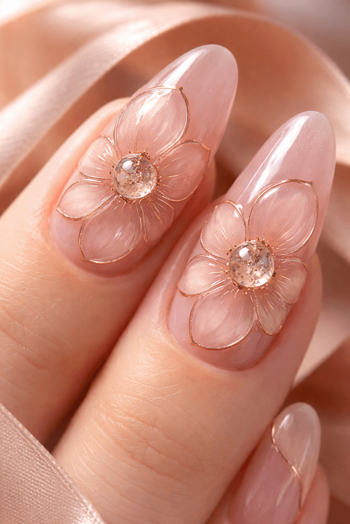 pink-jelly glass nails with rose-gold cloisonné outlines, nude-peach petals, clear dewdrop centers