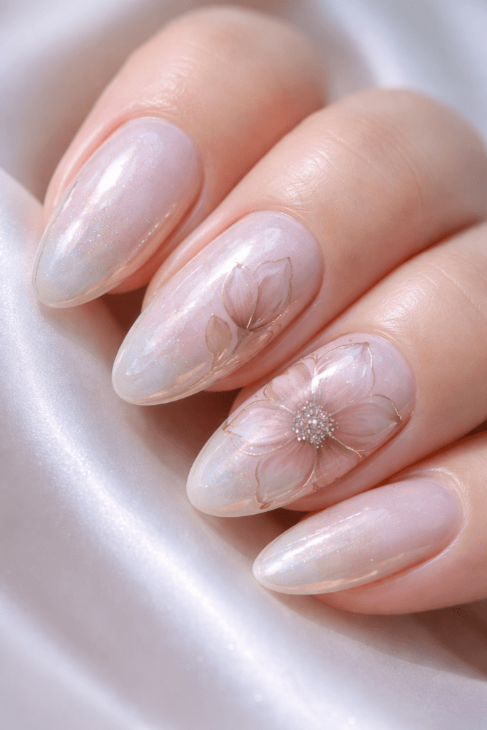 pearl-sheen glass nails with pale-gold cloisonné outlines, dusty-pink petals, single starry glitter center