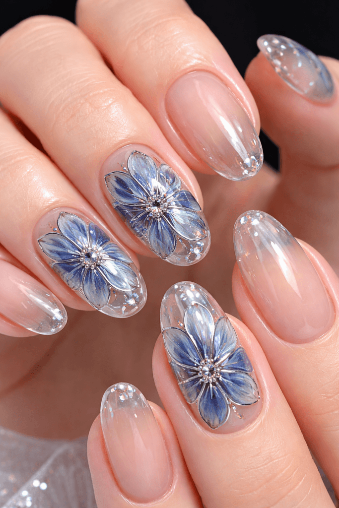 cool-clear glass nails with platinum cloisonné outlines, cornflower-blue translucent petals on two feature nails