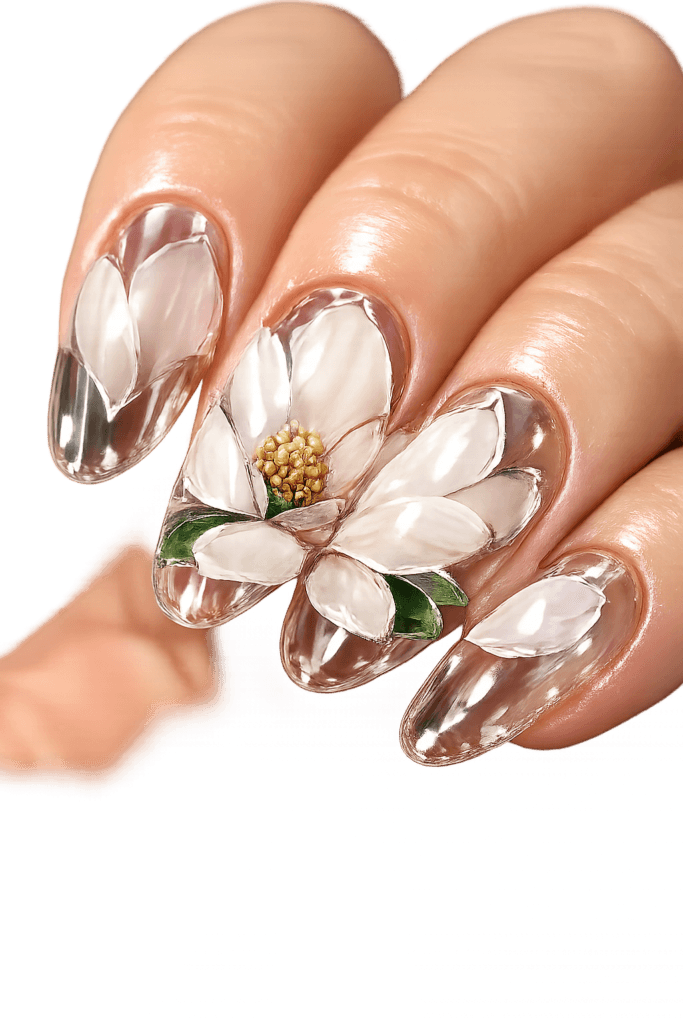 crystal-clear glass nails with platinum cloisonné outlines and oversized semi-sheer white magnolia petals