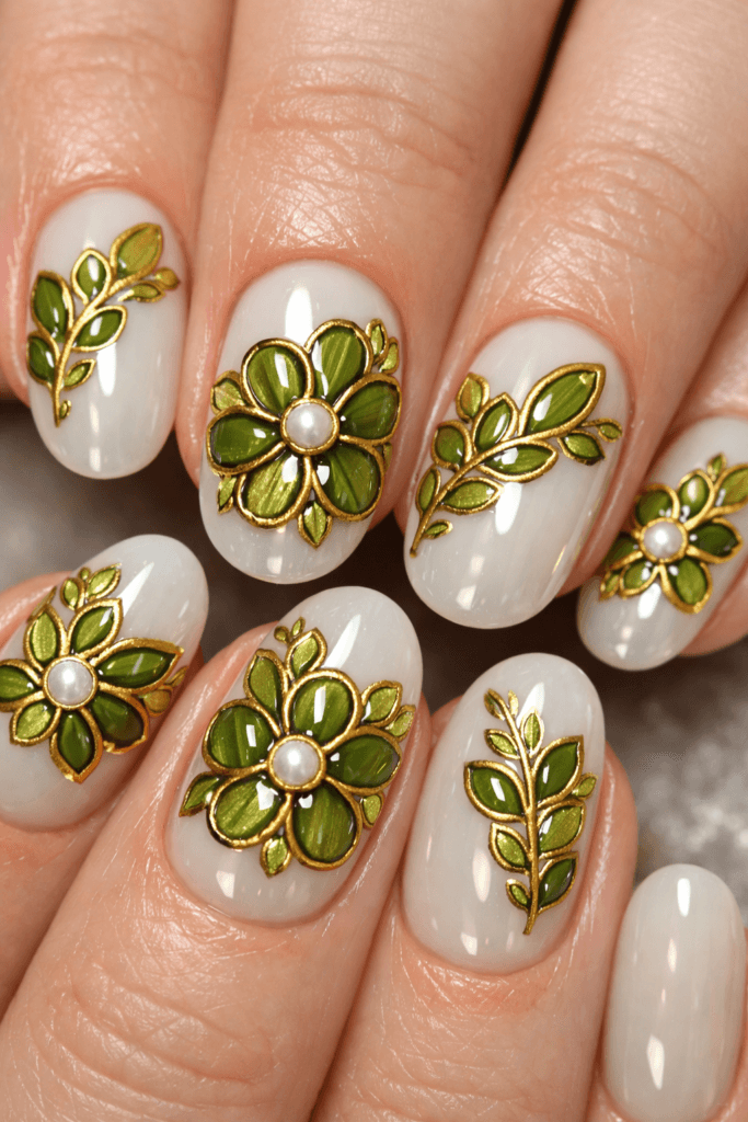 milky-porcelain glass nails with antique-gold cloisonné outlines, olive-jade petals, laurel leaf accents
