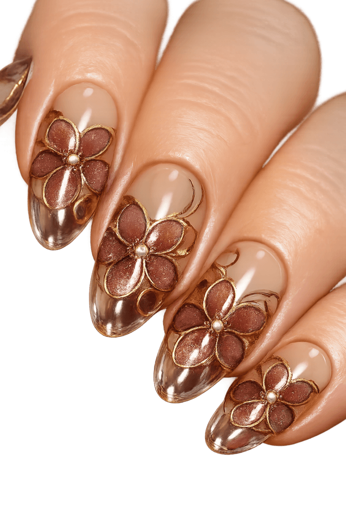 sheer latte glass nails with champagne-bronze cloisonné outlines, cocoa-rose petals, bronze twinkle