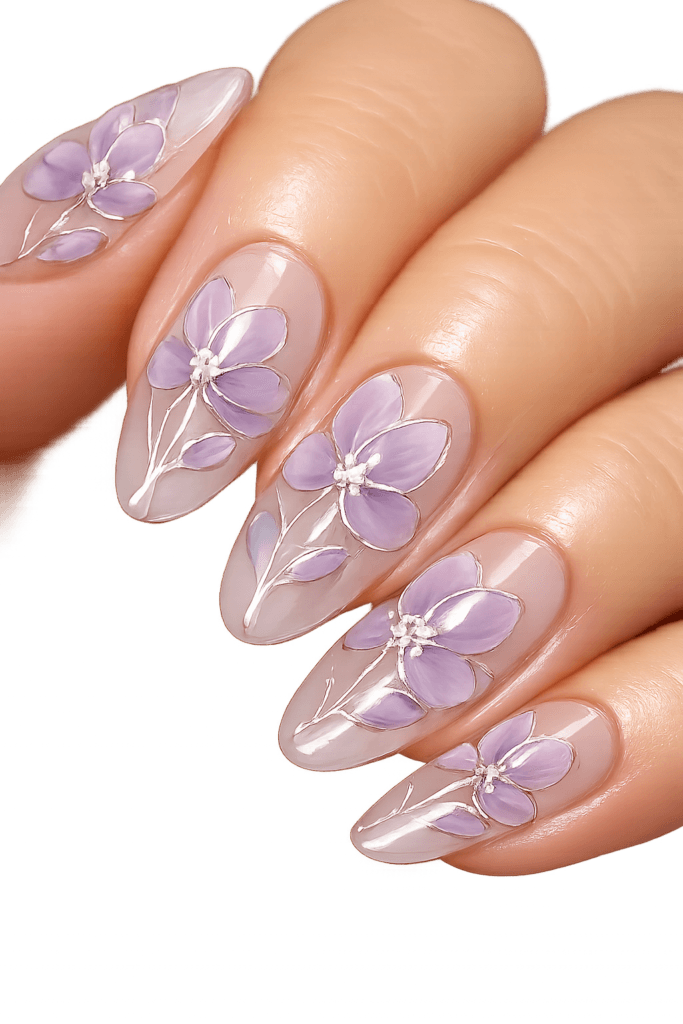 lilac-milk glass nails with platinum cloisonné outlines and cool-lavender translucent petals, ultra-thin lines