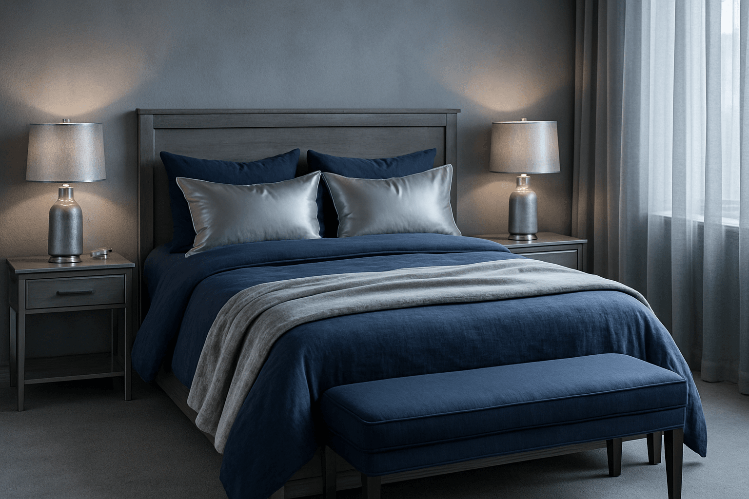 Bedroom Fabric Styling: 13 Silver & Navy Ideas