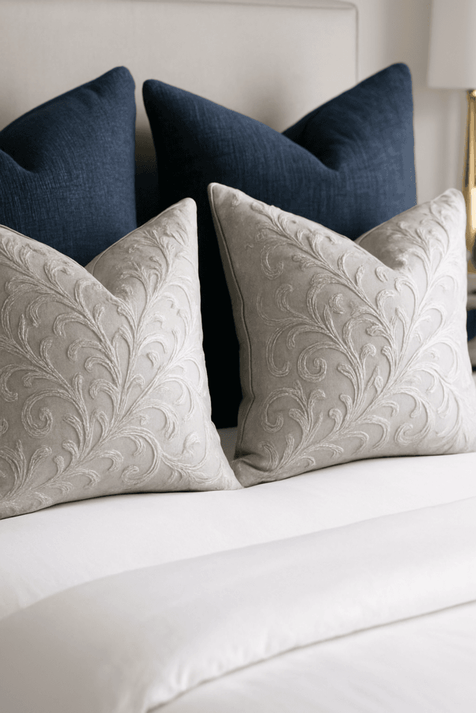 Bedroom Fabric Styling: 13 Silver & Navy Ideas