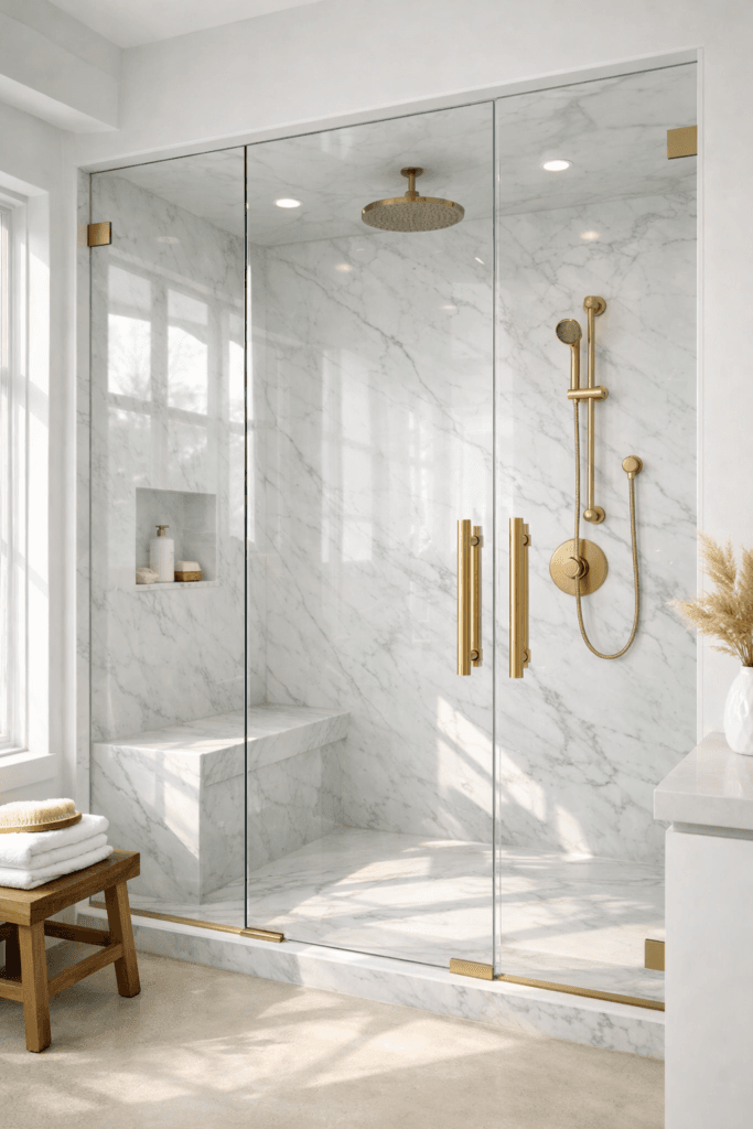 Luxury Marble Shower Ideas: How to Get the Brass & Glass Look at Home