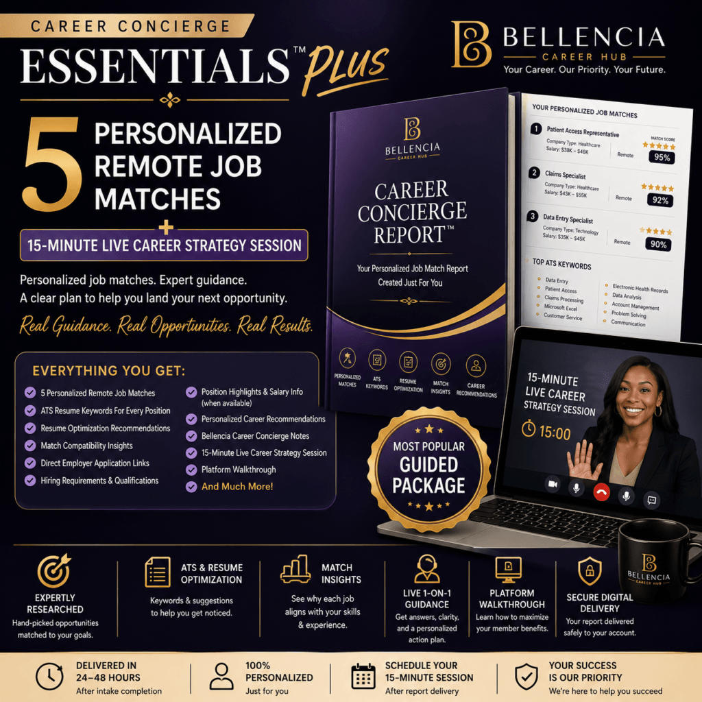 Career Concierge Essentials™ Plus | 5 Personalized Remote Job Matches + 15-Minute Live Career Strategy Session | Bellencia Career Hub