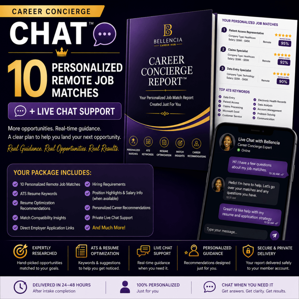 Career Concierge Chat™ | 10 Personalized Remote Job Matches + Live Chat Support | Bellencia Career Hub