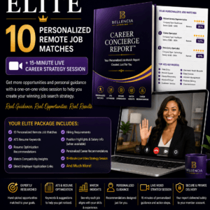 career concierge elite, career concierge elite 10, personalized remote job search, remote jobs, work from home jobs, ATS resume keywords, ATS optimization, resume optimization, career strategy session, live career coaching, video career consultation, personalized job search, healthcare jobs, administrative jobs, customer service jobs, claims specialist jobs, fraud analyst jobs, revenue cycle jobs, Bellencia Career Hub, career concierge report, remote career services